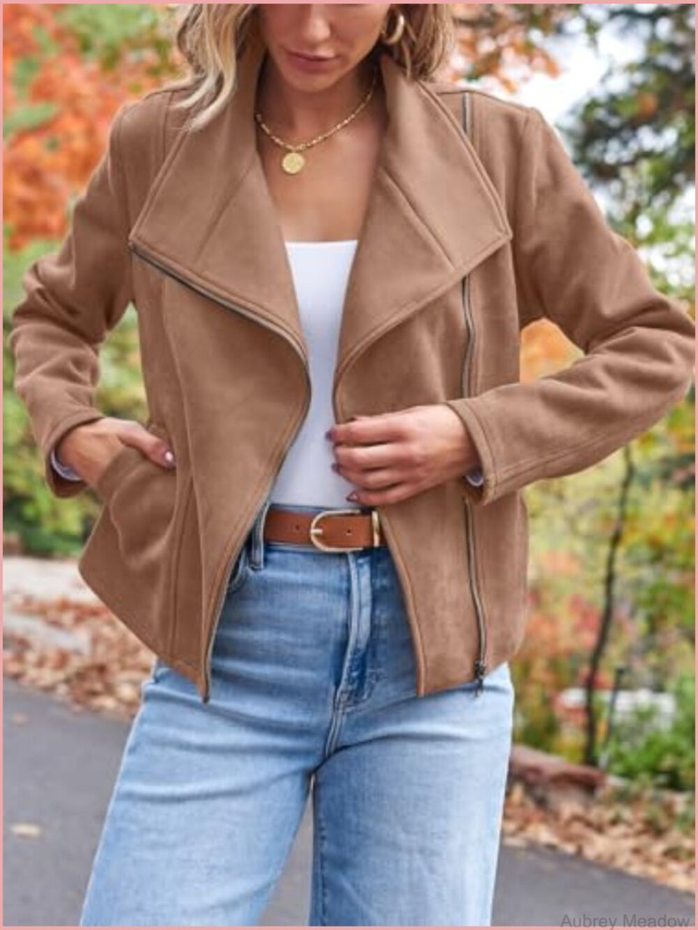 Faux Suede Leather Jacket, Cropped Open Front Coat for Fall Winter Spring - Picture 3 of 6